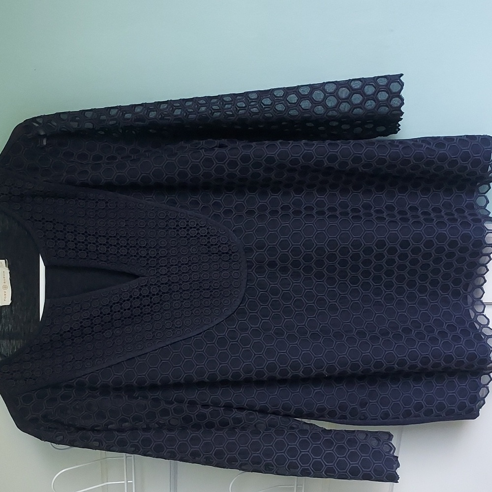 Tory Burch Tali Honeycomb Top in Navy V-neck Size Large